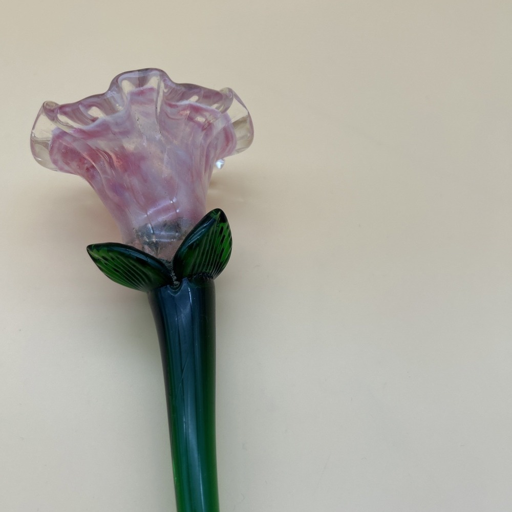 VTG Pink Bud Rose Hand Blown Murano-Style Art Glass Long Green Stem Tulip Flower - Picture 3 of 5
